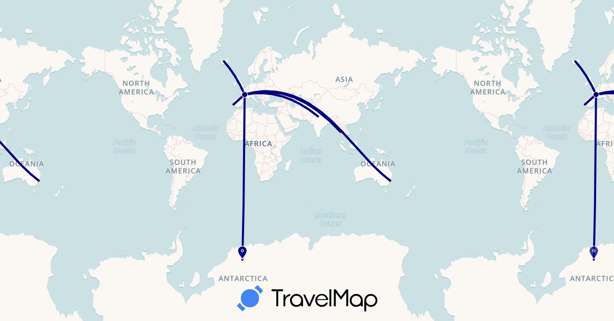 TravelMap itinerary: driving in Antarctica, Australia, France, India, Iceland, Portugal, Thailand (Antarctica, Asia, Europe, Oceania)