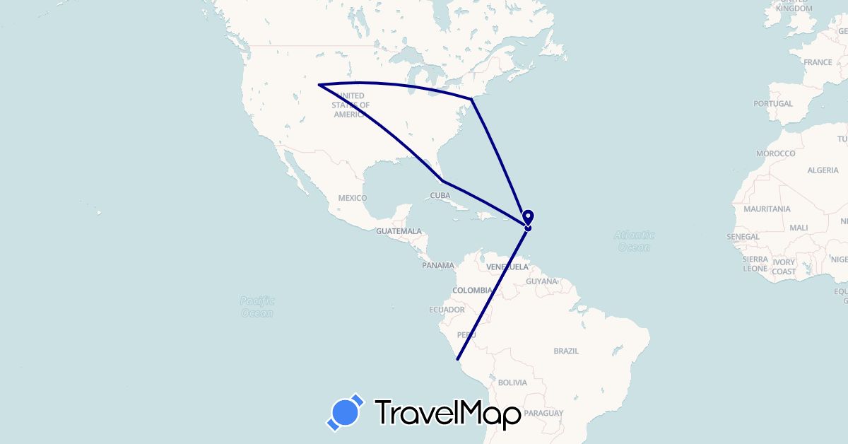 TravelMap itinerary: driving in Guadeloupe, Peru, United States (North America, South America)